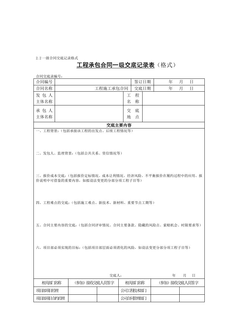 承包合同交底记录表(格式)