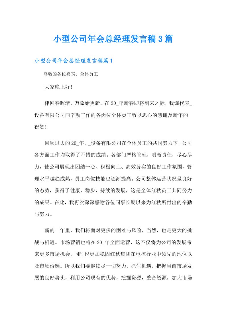 小型公司年会总经理发言稿3篇