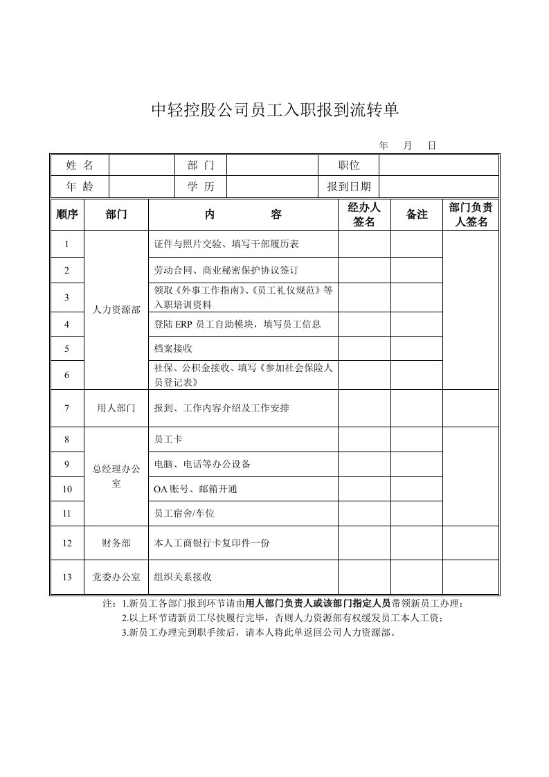 员工入职报到流转单