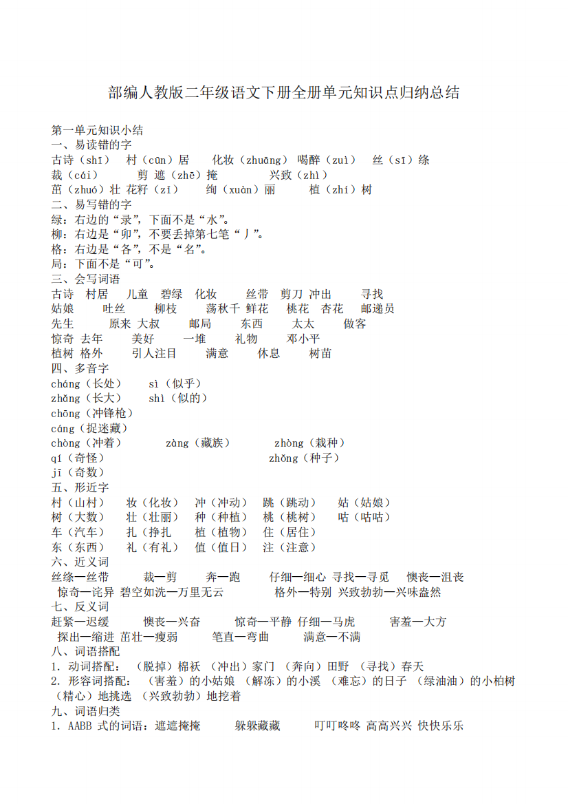 部编人教版二年级语文下册全册单元知识点归纳总结