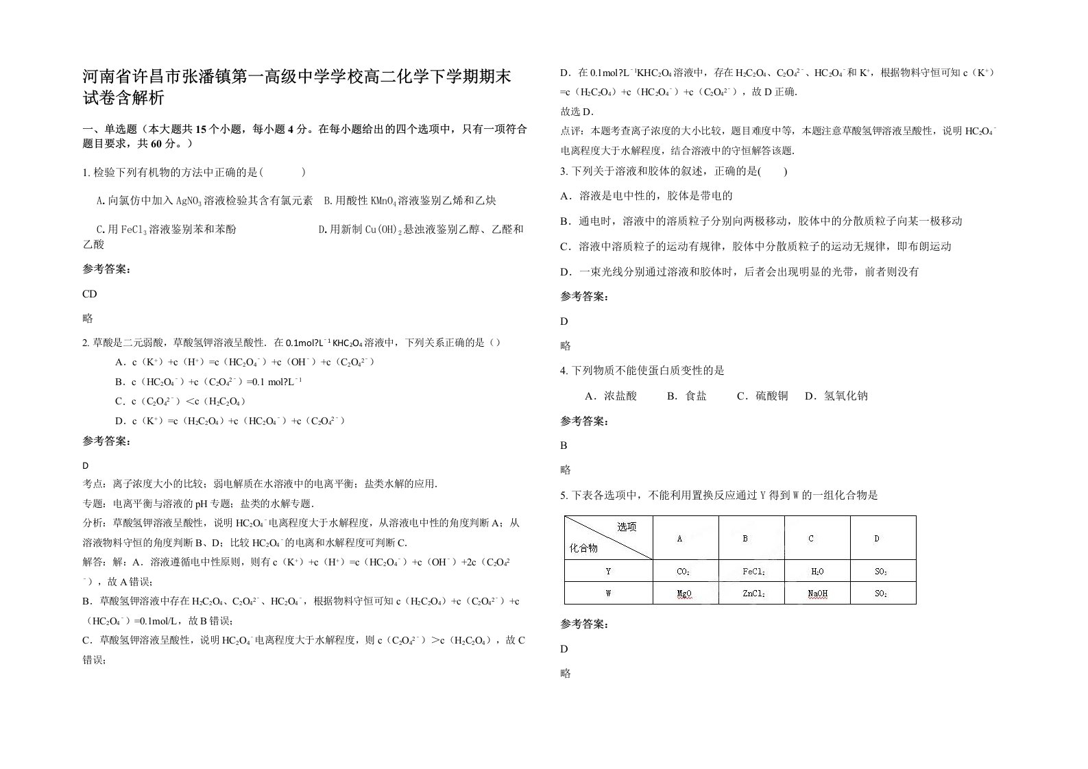 河南省许昌市张潘镇第一高级中学学校高二化学下学期期末试卷含解析