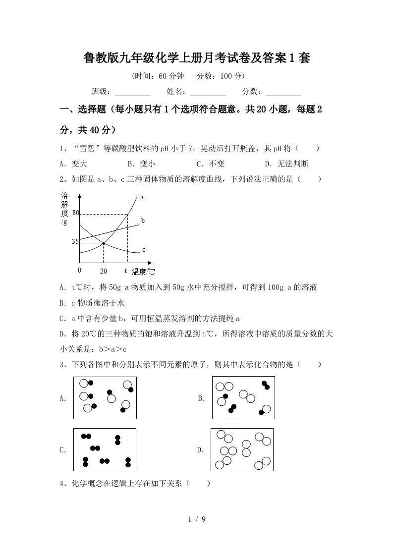 鲁教版九年级化学上册月考试卷及答案1套