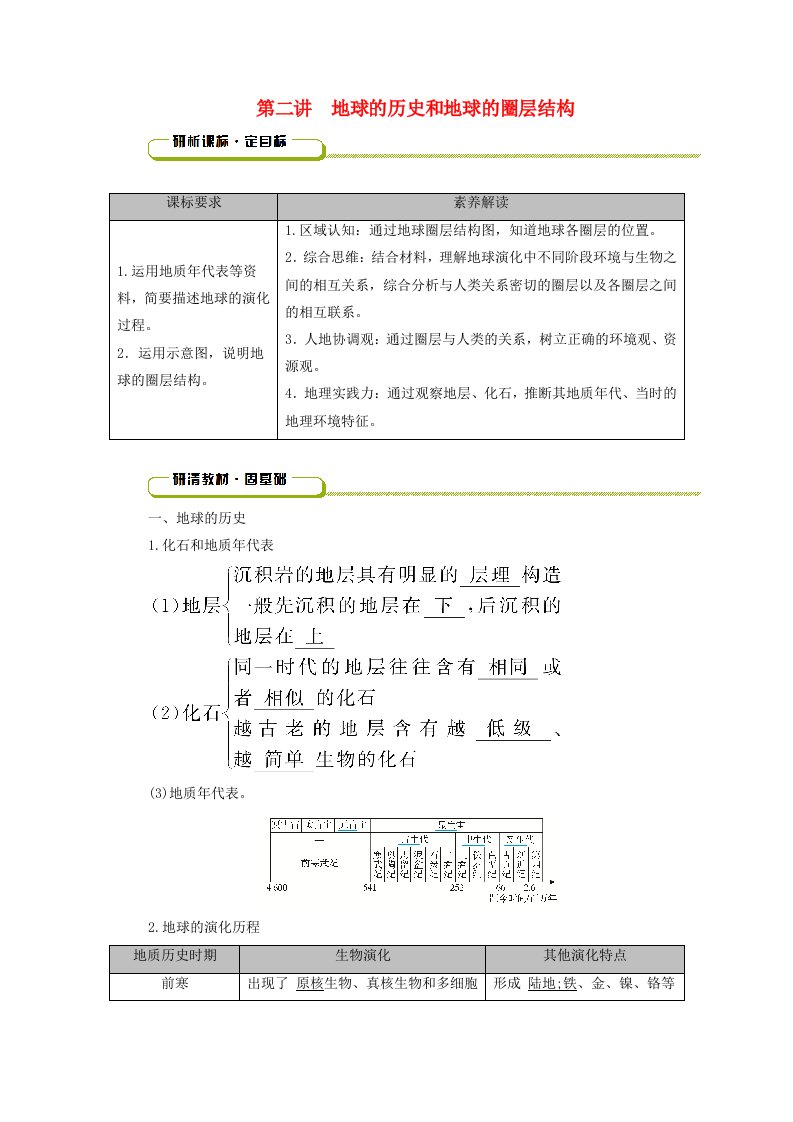 2025版高考地理一轮总复习教师用书第1部分自然地理第2章宇宙中的地球第2讲地球的历史和地球的圈层结构