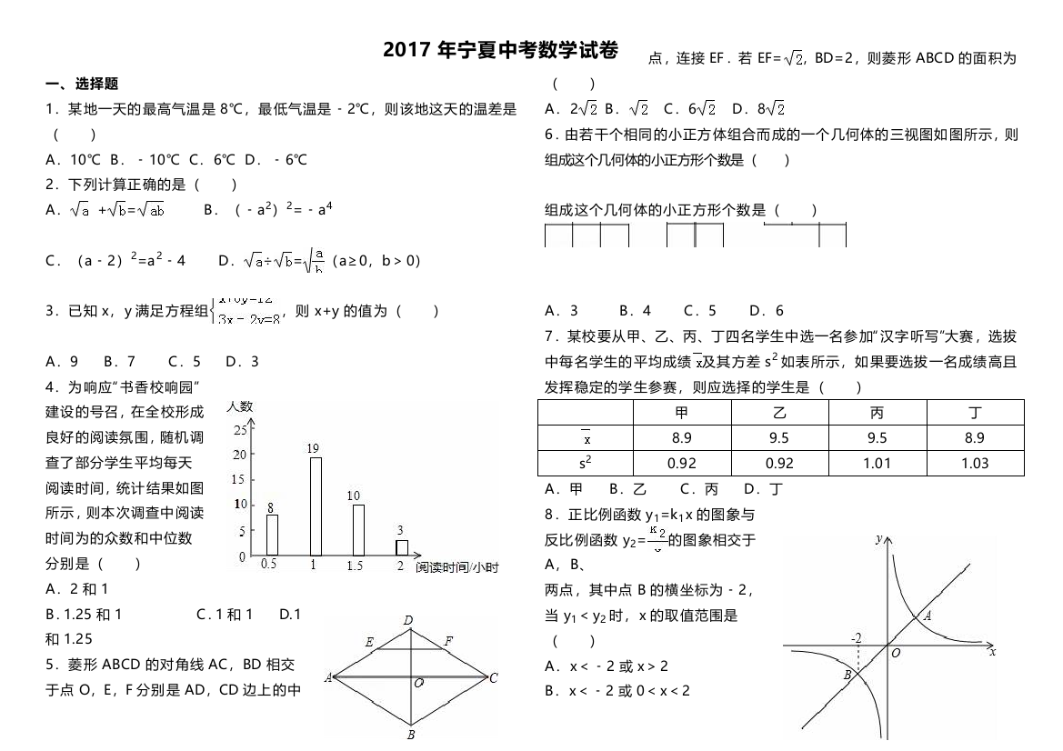 宁夏中考数学试卷及答案解析