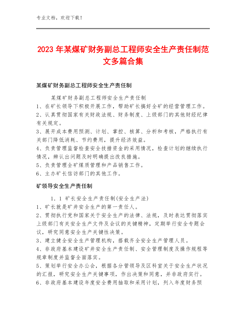 2023年某煤矿财务副总工程师安全生产责任制范文多篇合集