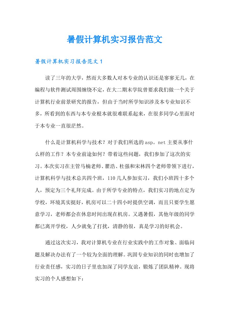 暑假计算机实习报告范文