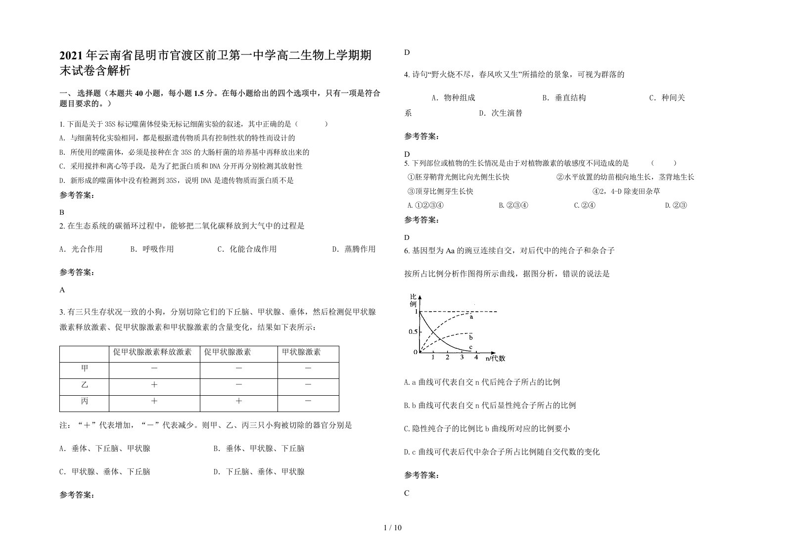 2021年云南省昆明市官渡区前卫第一中学高二生物上学期期末试卷含解析