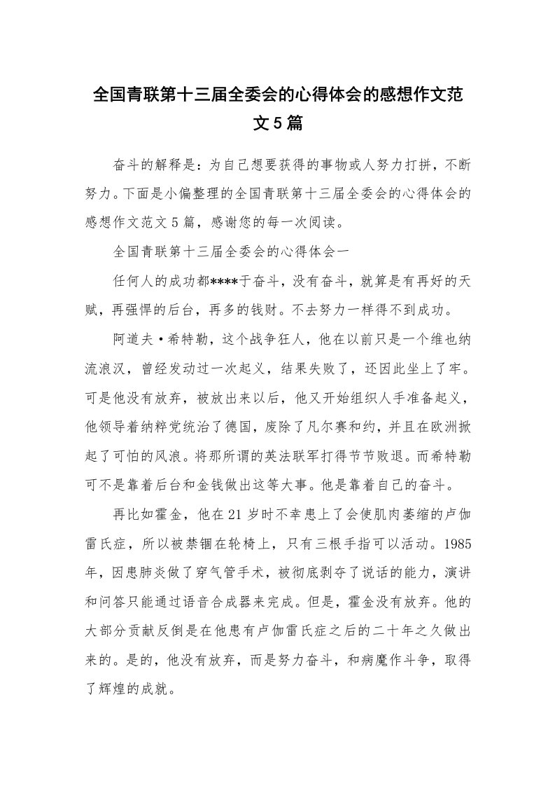 全国青联第十三届全委会的心得体会的感想作文范文5篇