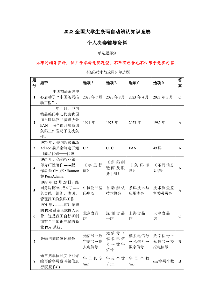 2023年条码竞赛个人决赛单选题部分