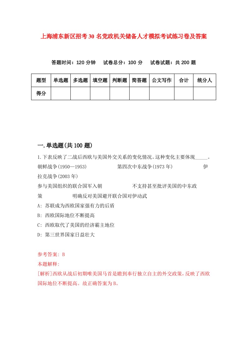 上海浦东新区招考30名党政机关储备人才模拟考试练习卷及答案7