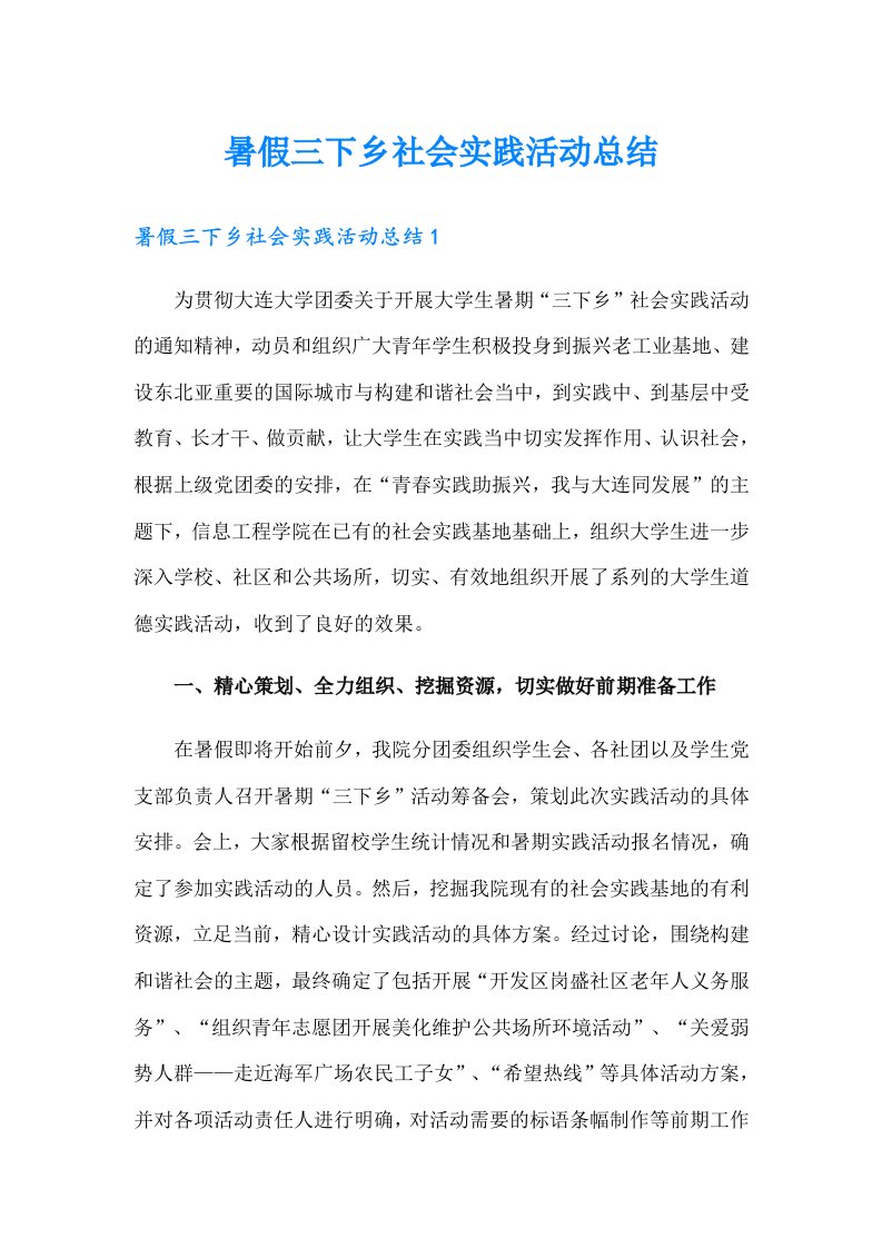 暑假三下乡社会实践活动总结