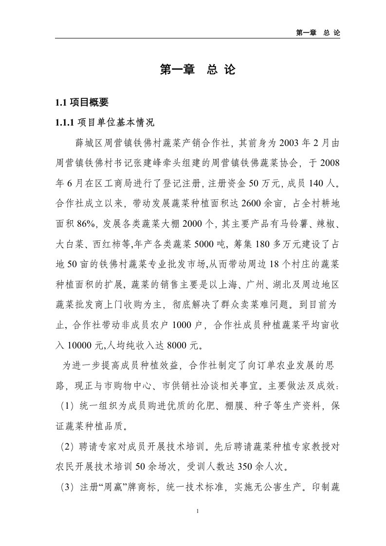 铁佛蔬菜产销专业合作社无公害蔬菜标准化生产示范基地建设项目可行性研究报告