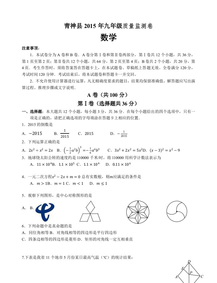 分析2015年眉山中考数学适应性试卷