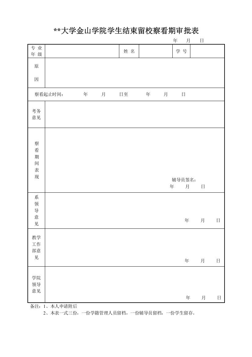 大学金山学院学生结束留校察看期审批表