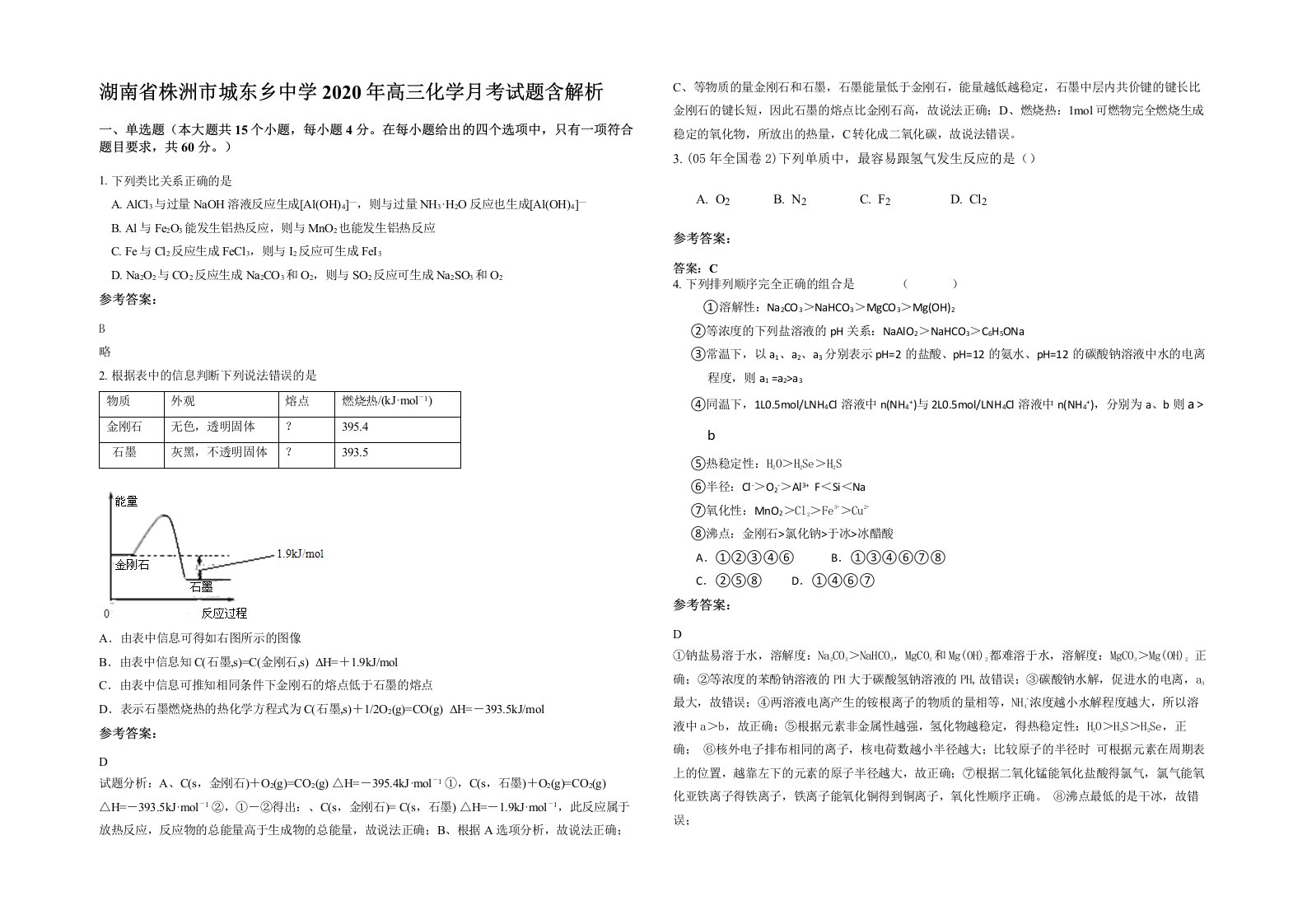 湖南省株洲市城东乡中学2020年高三化学月考试题含解析