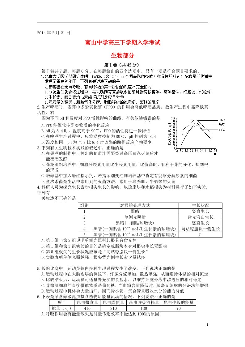 四川省绵阳市南山中学高三生物下学期入学考试试题新人教版