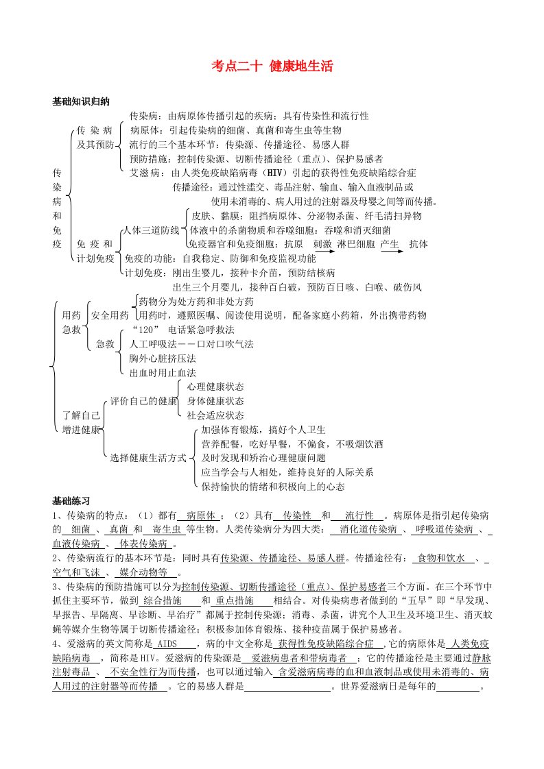 湖北省襄阳四十七中中考生物考点二十健康地生活复习教学案