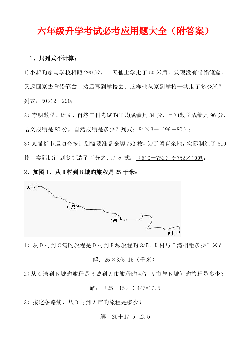 2023年六年级数学升学考试必考应用题大全附答案