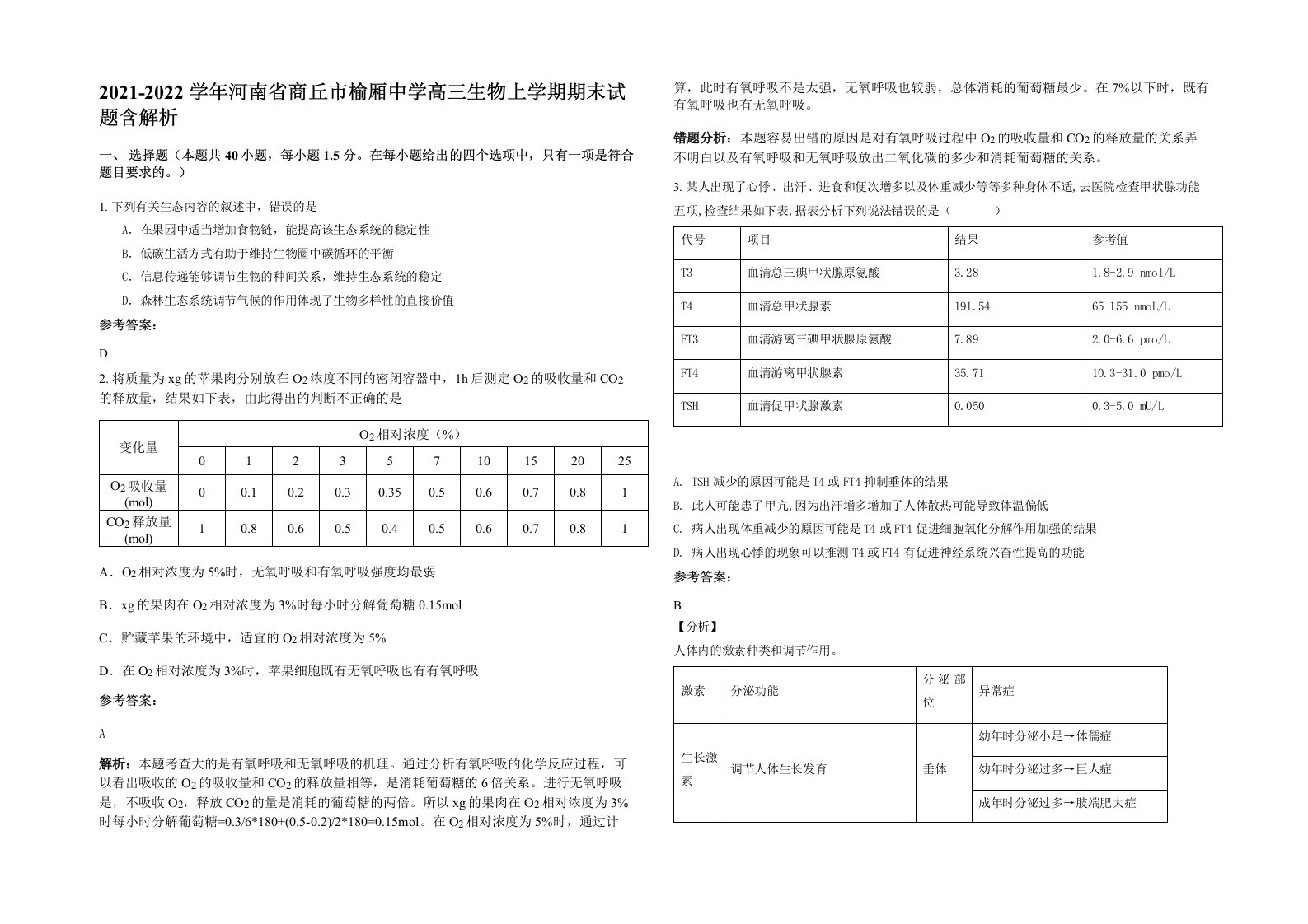 2021-2022学年河南省商丘市榆厢中学高三生物上学期期末试题含解析