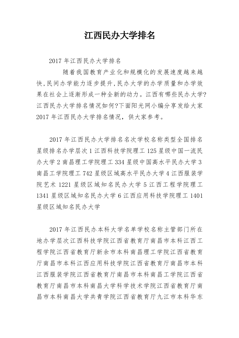 江西民办大学排名