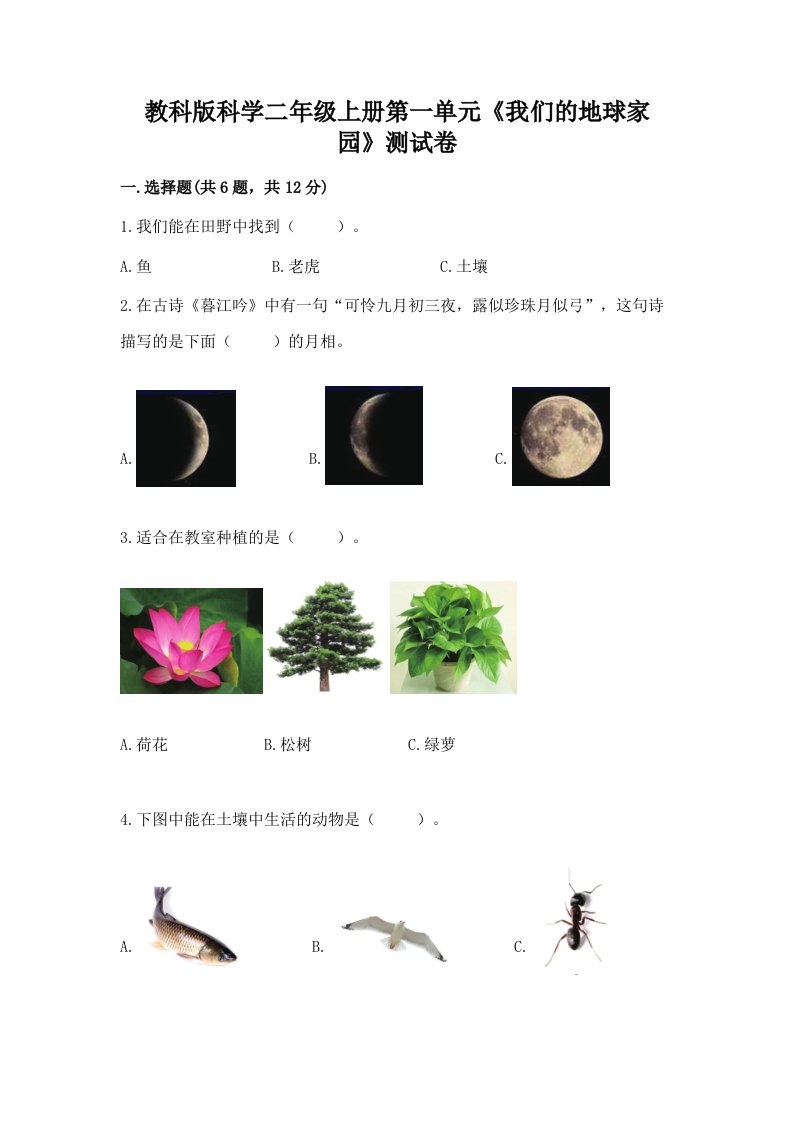 教科版科学二年级上册第一单元《我们的地球家园》测试卷附完整答案【历年真题】