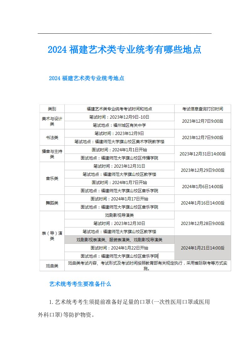 2024福建艺术类专业统考有哪些地点