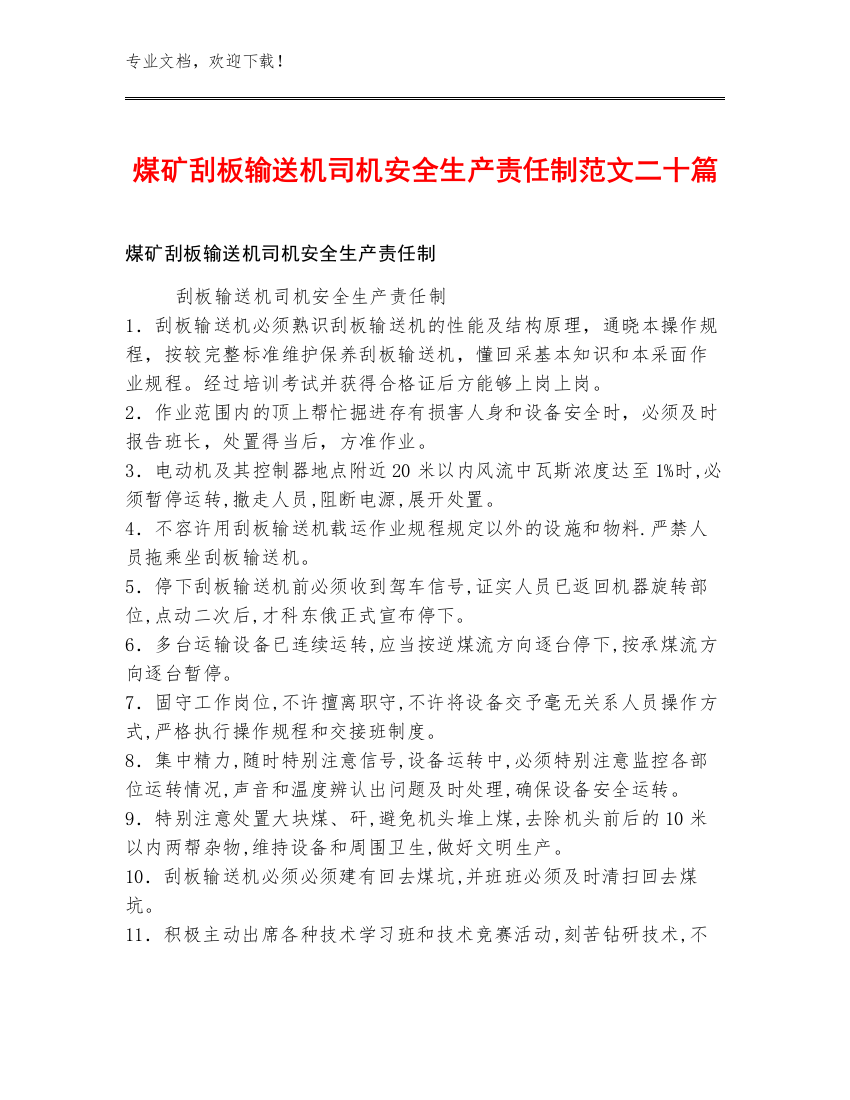 煤矿刮板输送机司机安全生产责任制范文二十篇