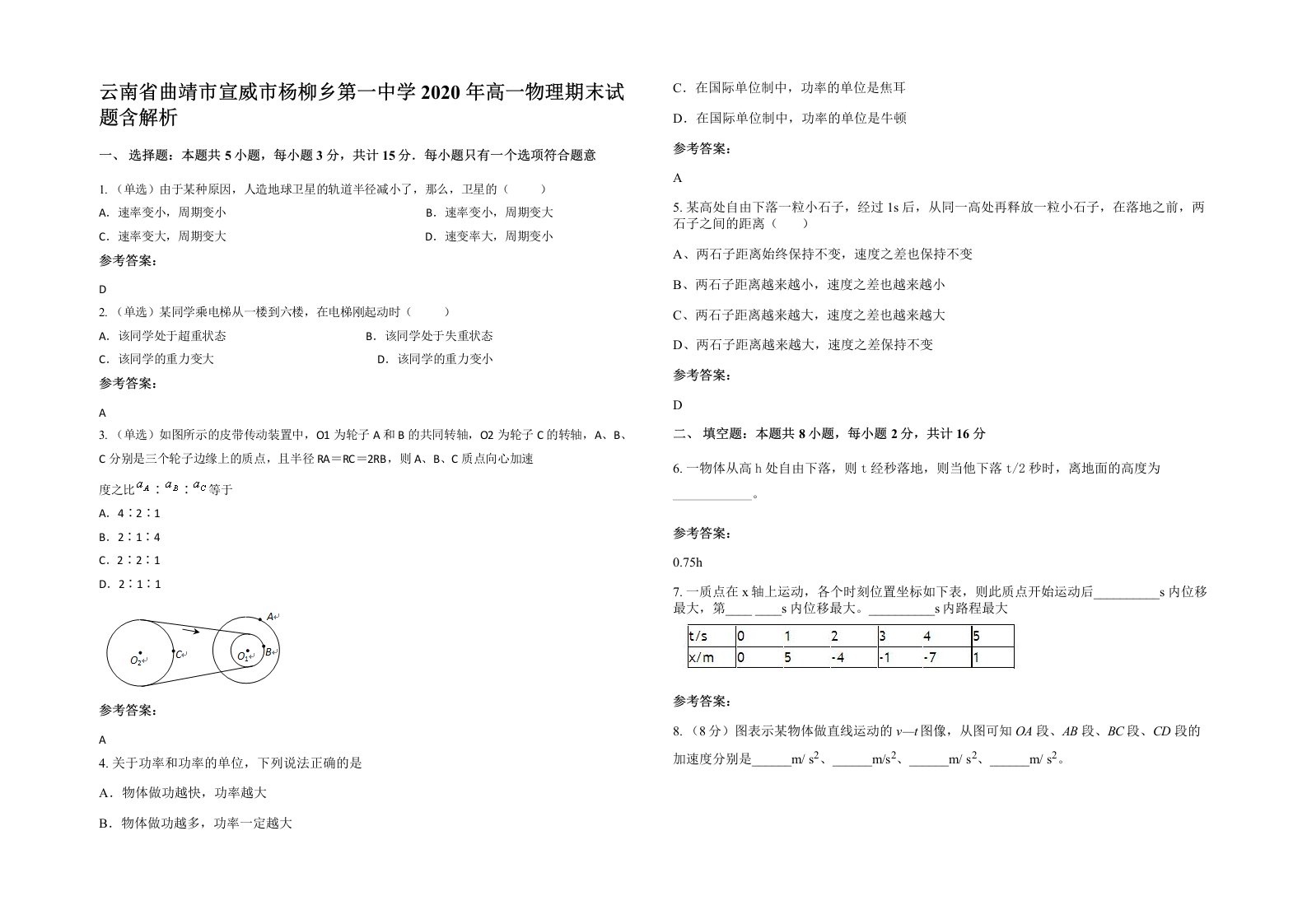 云南省曲靖市宣威市杨柳乡第一中学2020年高一物理期末试题含解析