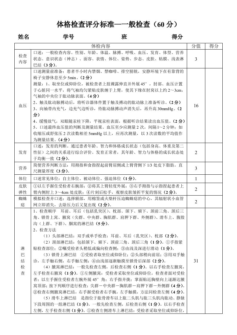 体格检查评分标准-一般检查