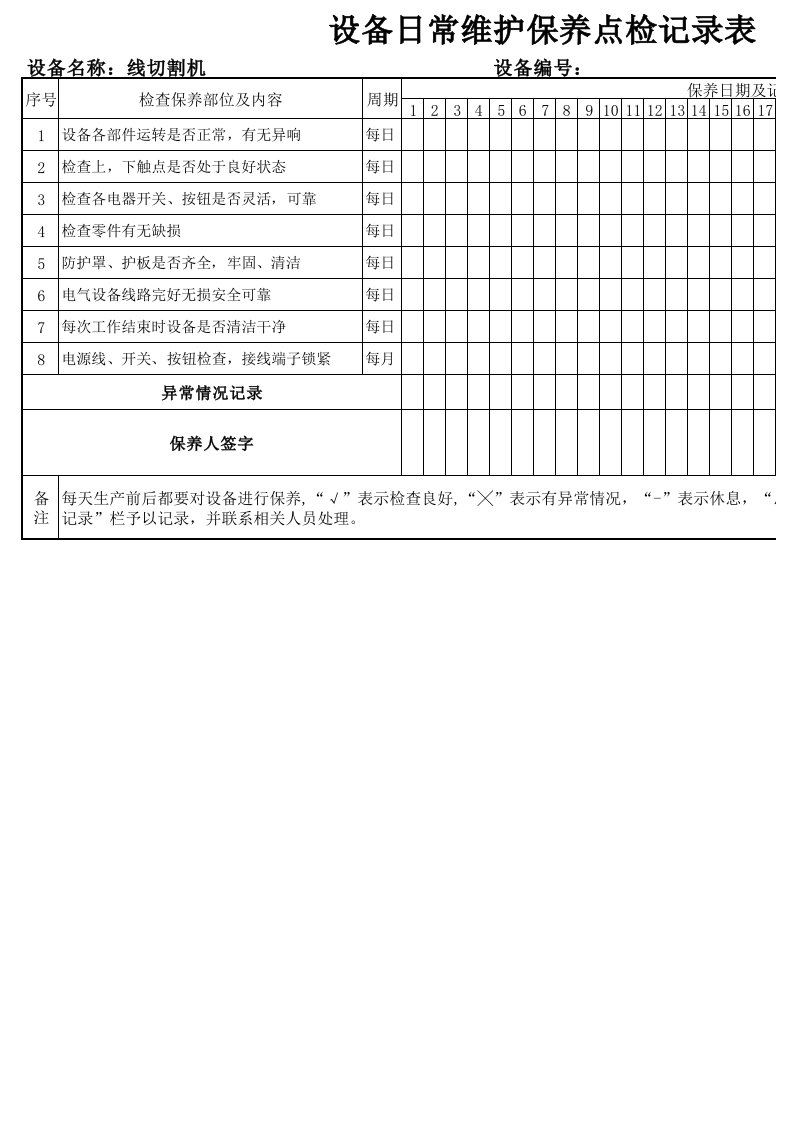 线切割日常保养记录表