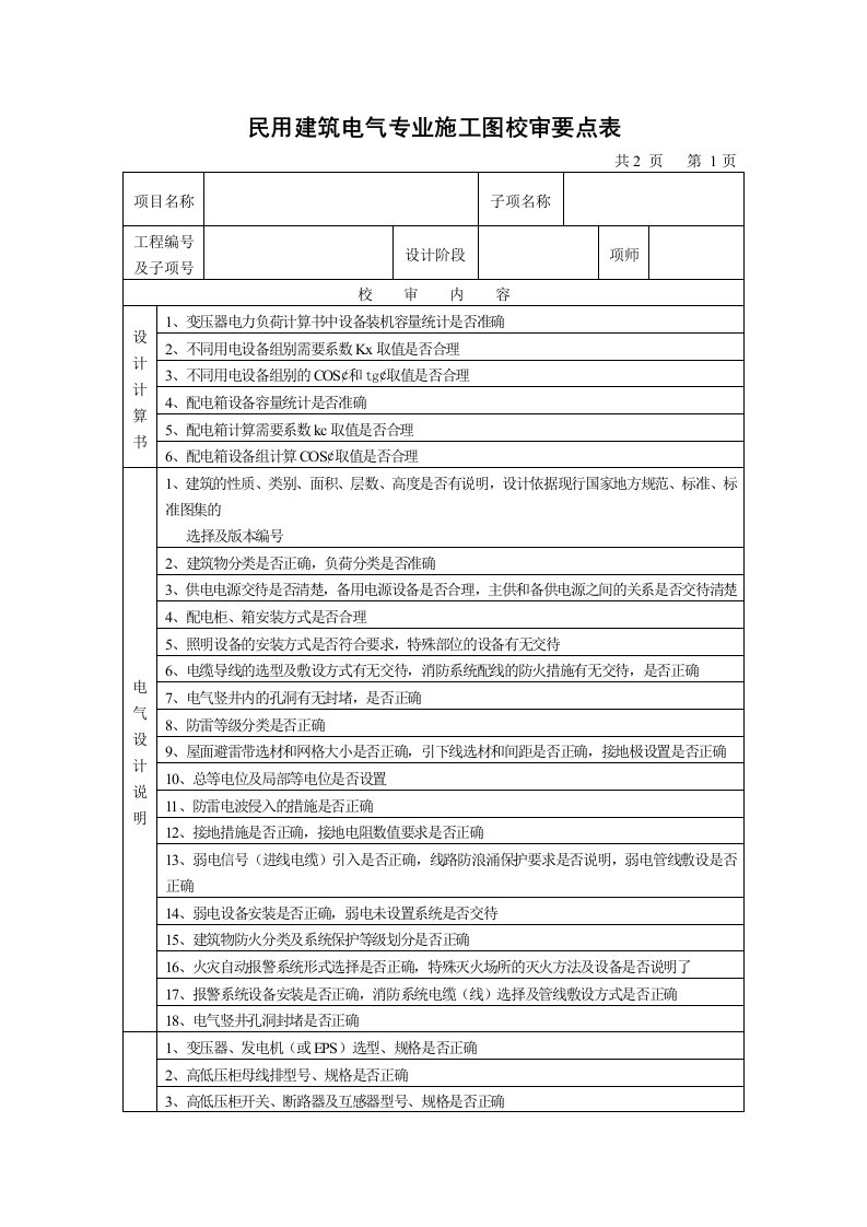 民用建筑电气专业施工图校审要点表