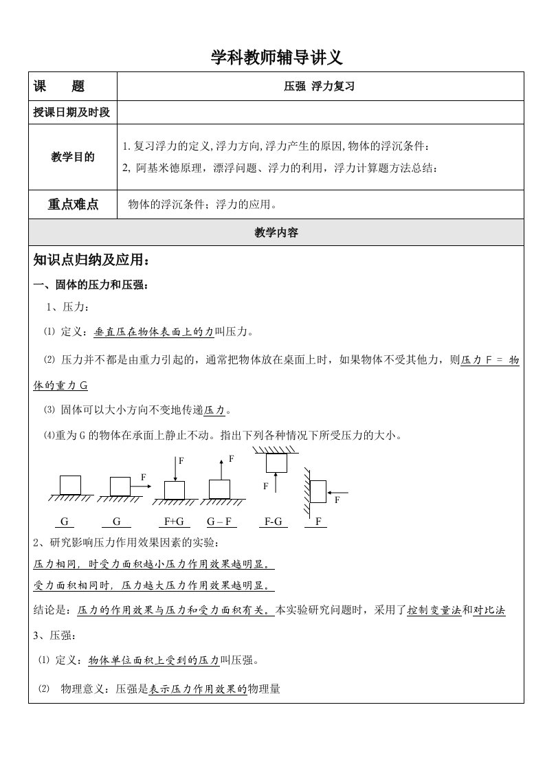 初三物理压强浮力复习