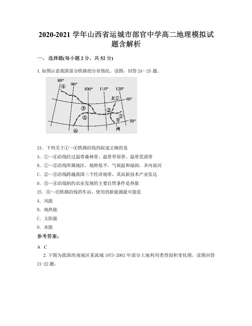 2020-2021学年山西省运城市部官中学高二地理模拟试题含解析