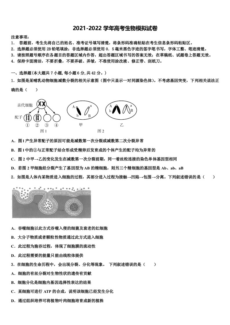 2022年山东省莱芜市重点中学高三第六次模拟考试生物试卷含解析