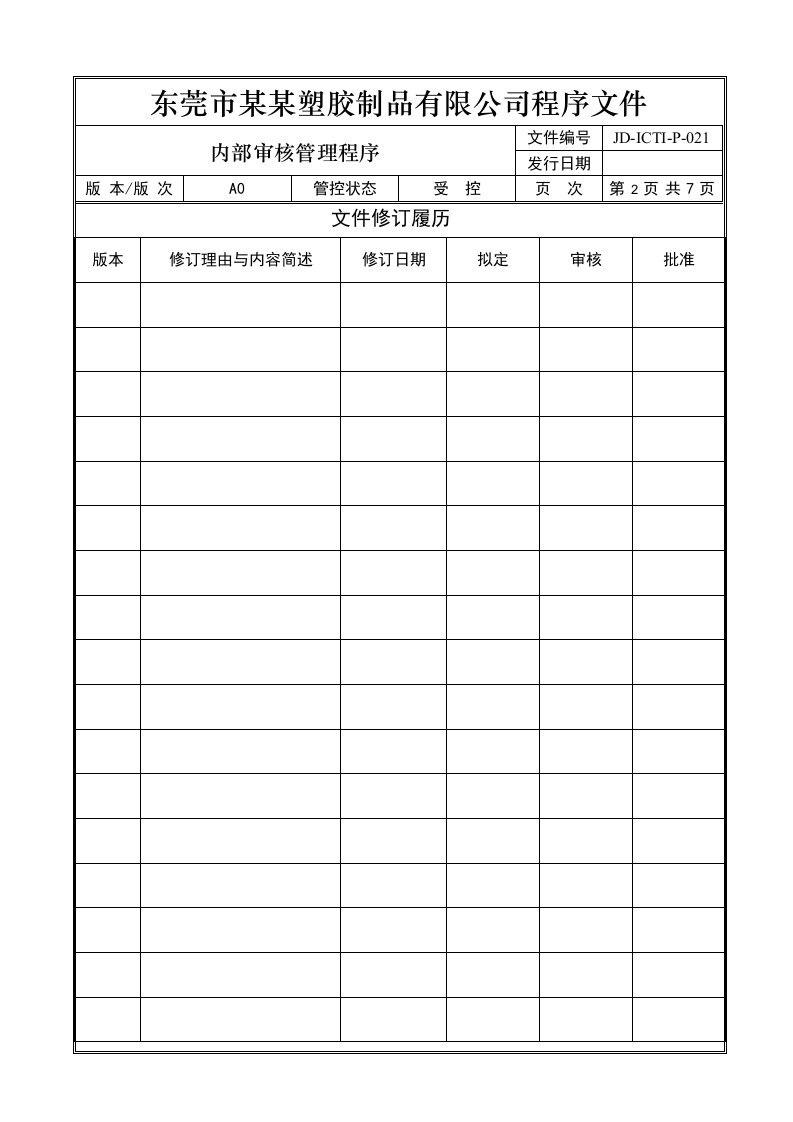 东莞市某某塑胶制品公司内部审核管理程序-五金塑胶