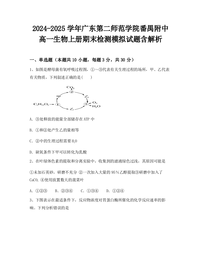 2024-2025学年广东第二师范学院番禺附中高一生物上册期末检测模拟试题含解析