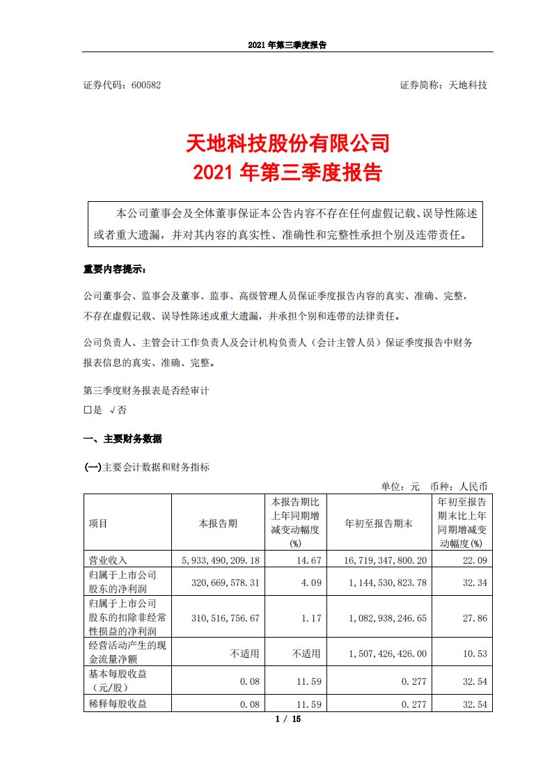 上交所-天地科技2021年第三季度报告-20211029