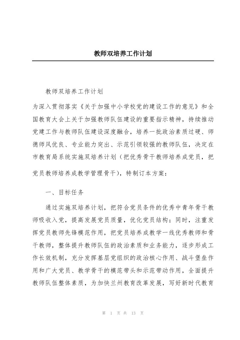 教师双培养工作计划