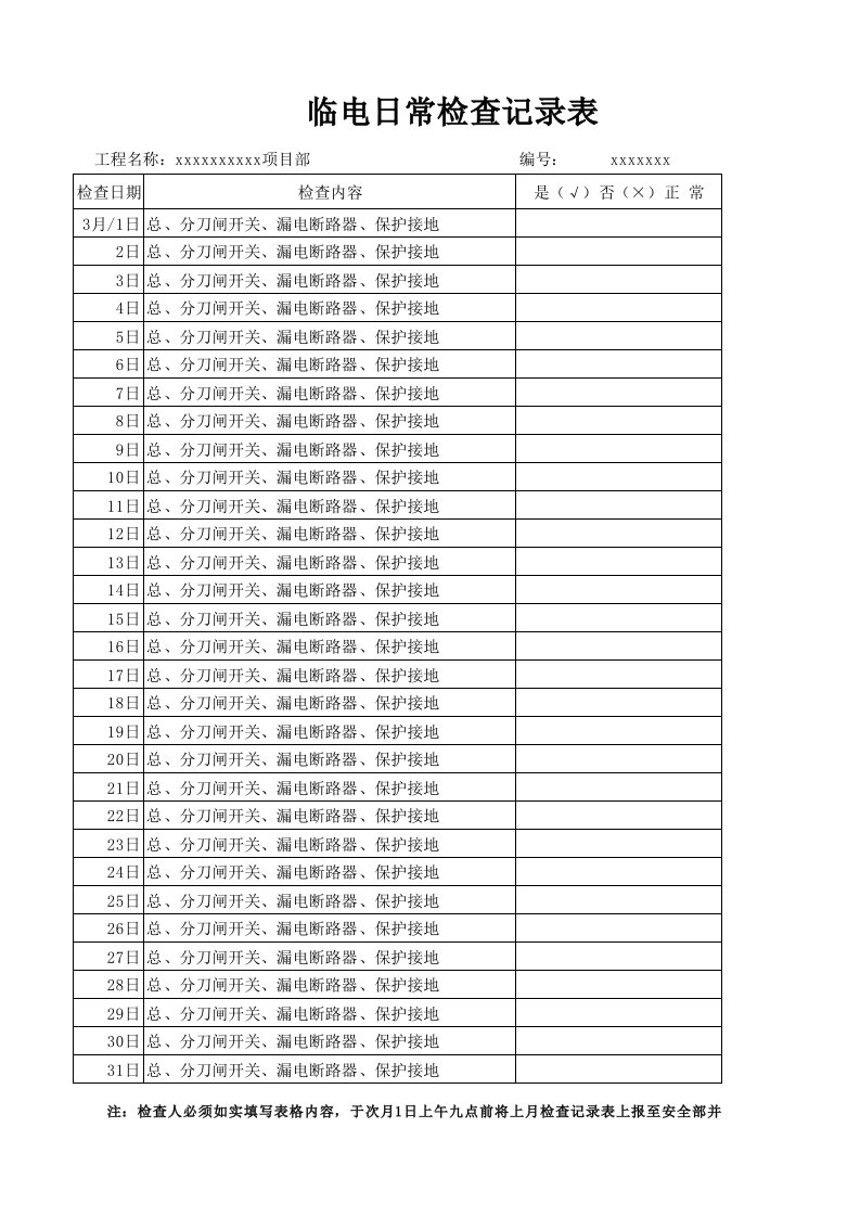 临电二级箱日常检查记录表