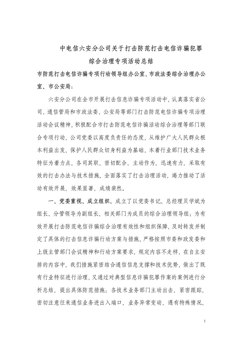 打击电信诈骗犯罪综合治理专项活动总结