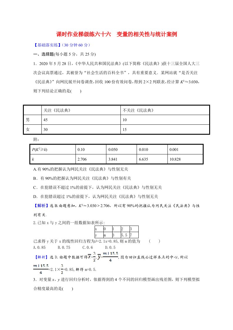 2022版高中数学一轮复习课时作业梯级练六十六变量的相关性与统计案例课时作业理含解析新人教A版