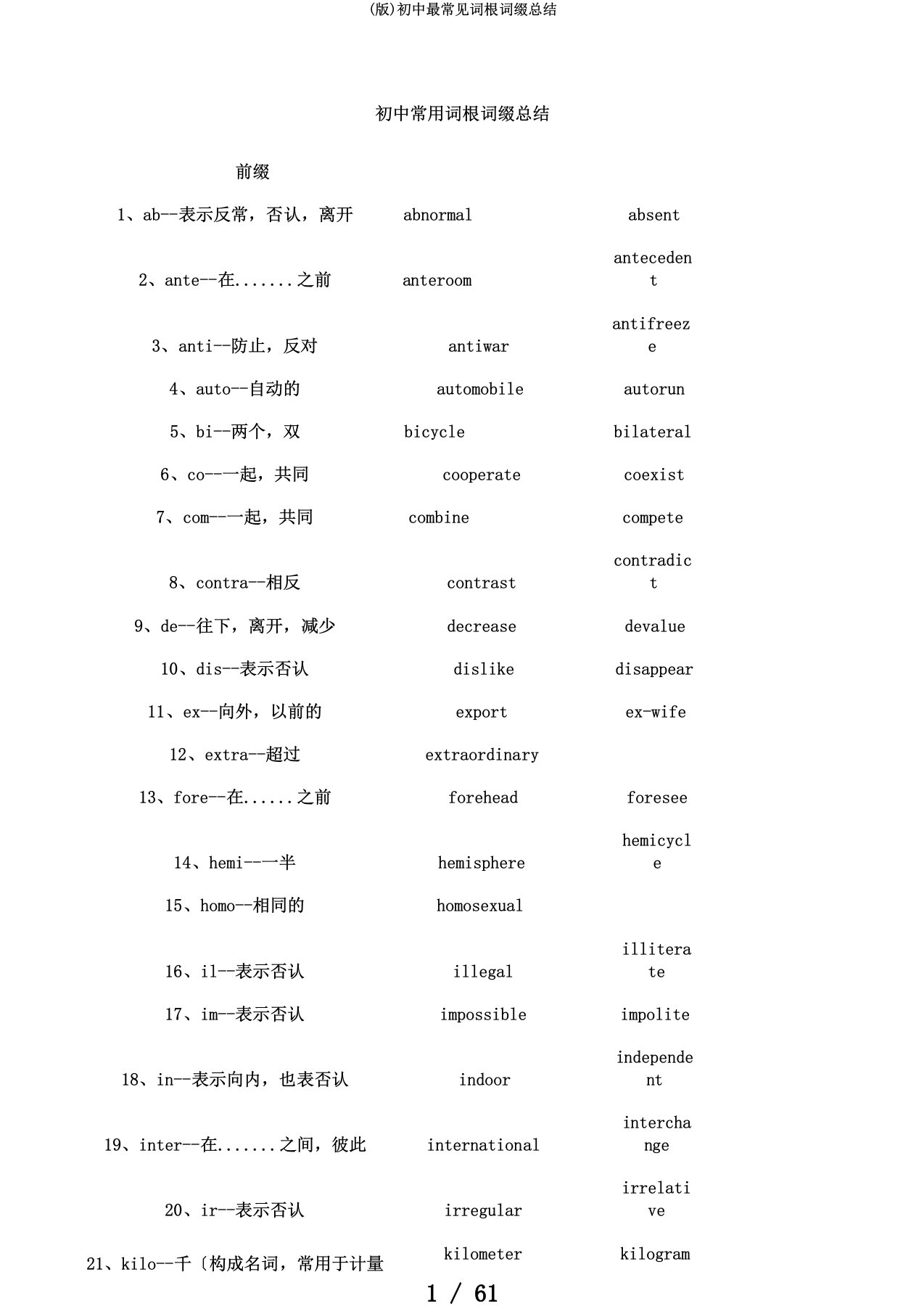 (版)初中最常见词根词缀总结