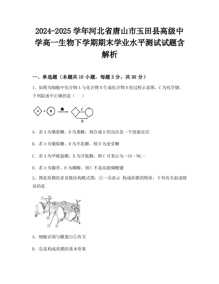 2024-2025学年河北省唐山市玉田县高级中学高一生物下学期期末学业水平测试试题含解析