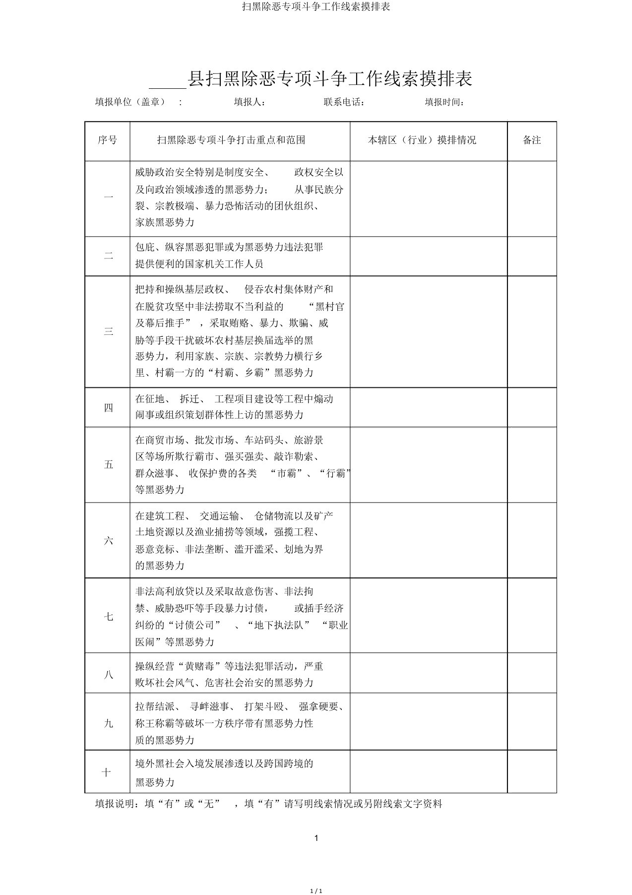 扫黑除恶专项斗争工作线索摸排表