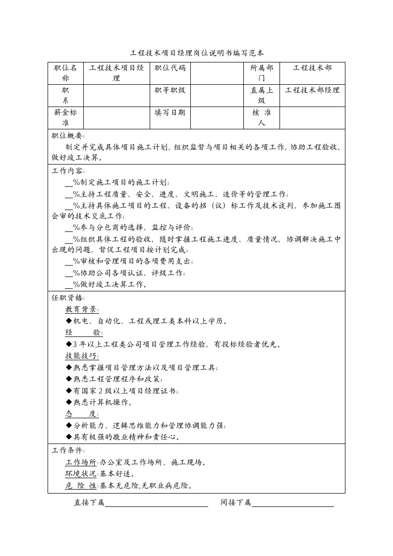 项目管理-工程技术项目经理岗位说明书编写范本