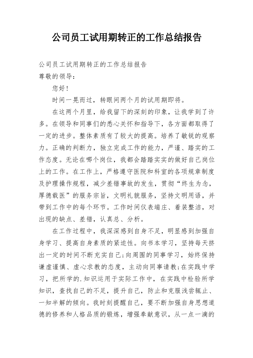 公司员工试用期转正的工作总结报告