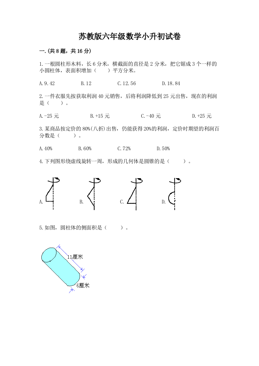 苏教版六年级数学小升初试卷【达标题】