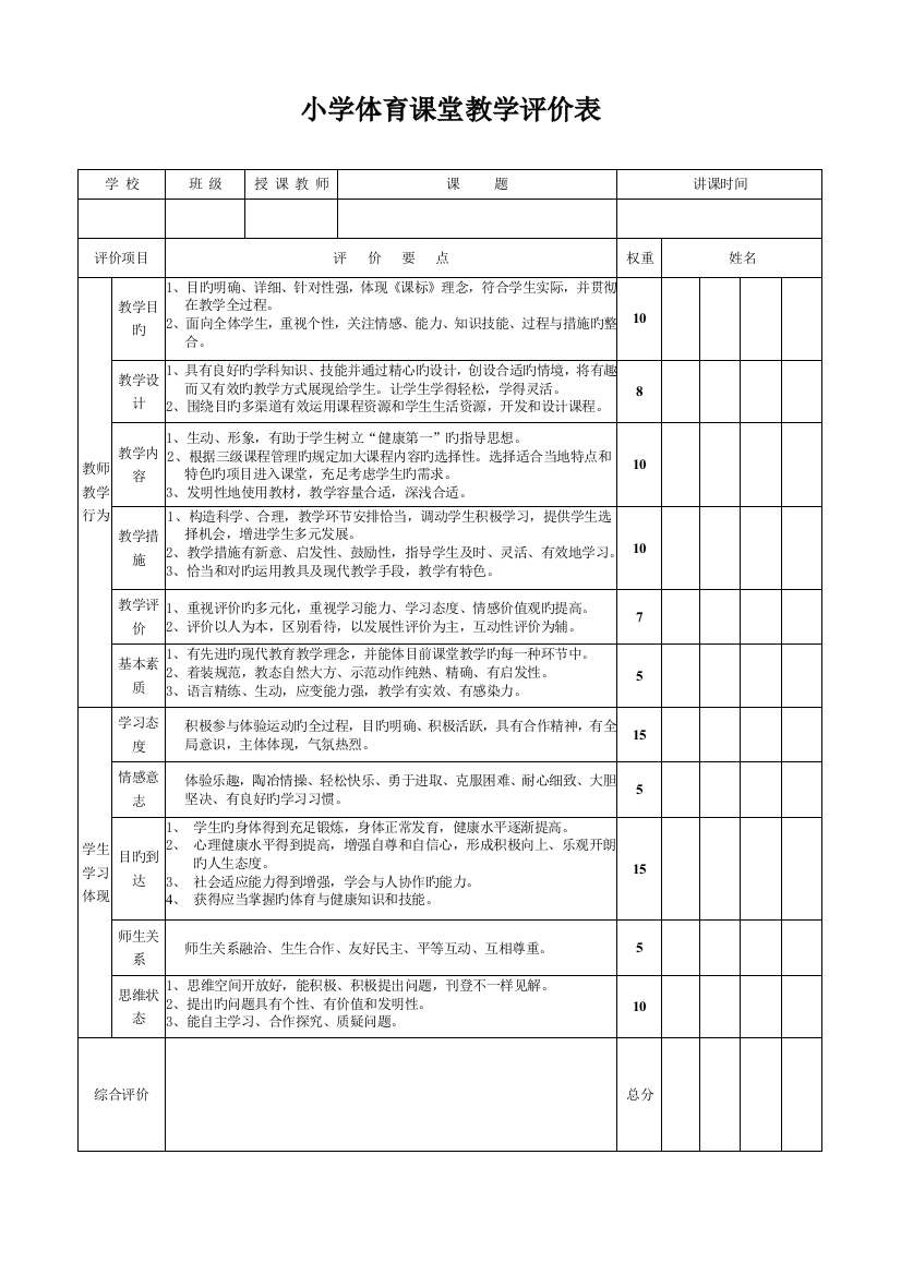 小学体育课堂教学评价标准