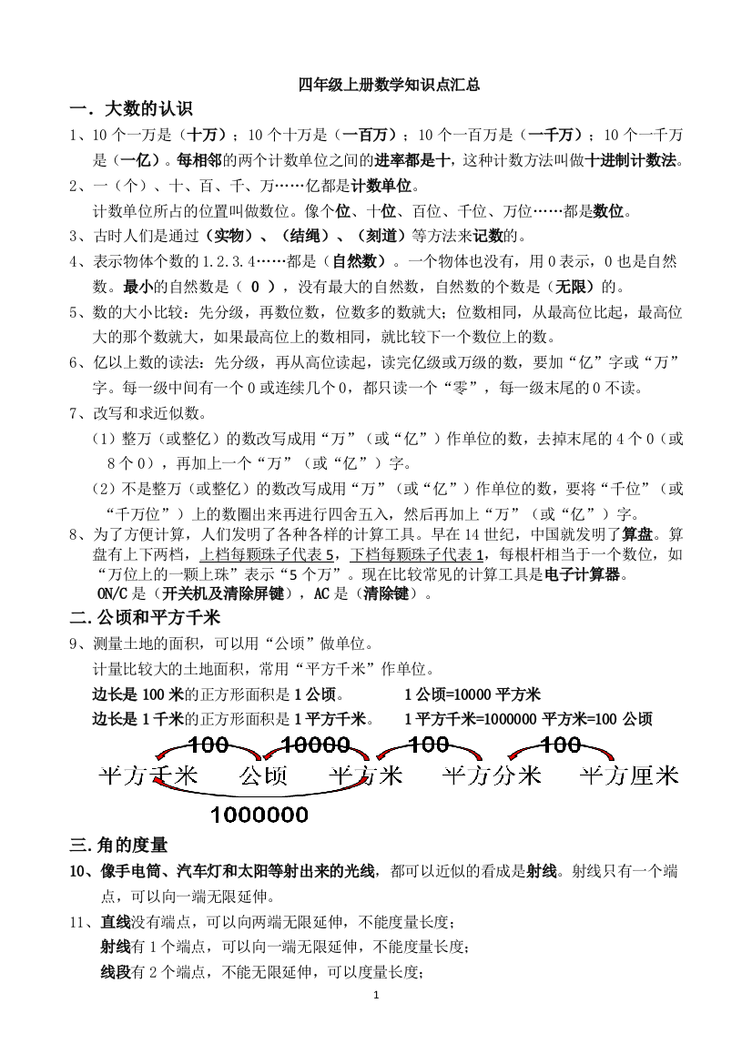 (word完整版)新人教版四年级上册数学知识点归纳-推荐文档