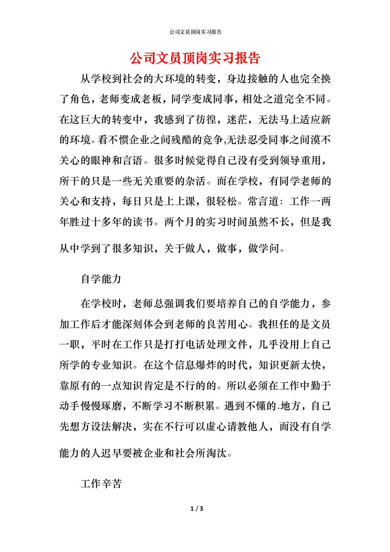 精编公司文员顶岗实习报告